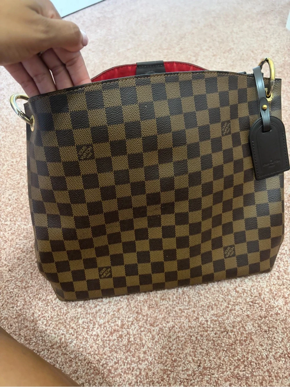 Louis Vuitton Damier Ebene Shoulder Bag with Red Interior